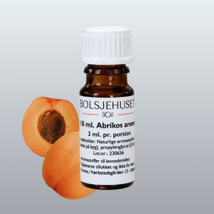 Bolsjehuset Abrikos aroma dråber med fersk abrikos ved siden af.