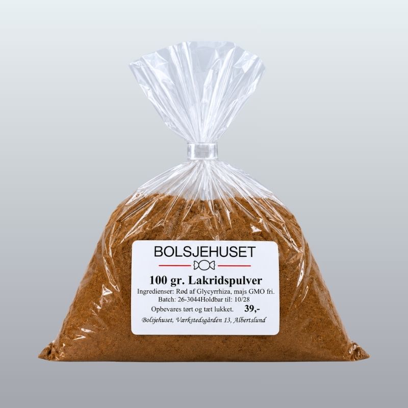 Lakridspulver i emballage Bolsjehuset lakridspulver i gennemsigtig pose med label.